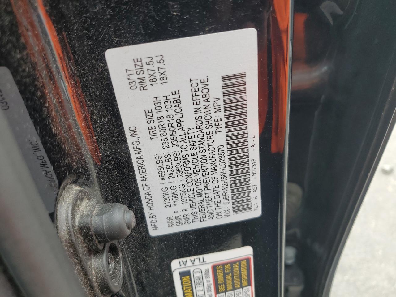 HONDA CRV 2017 VIN 5J6RW2H56HL028570 photo 13