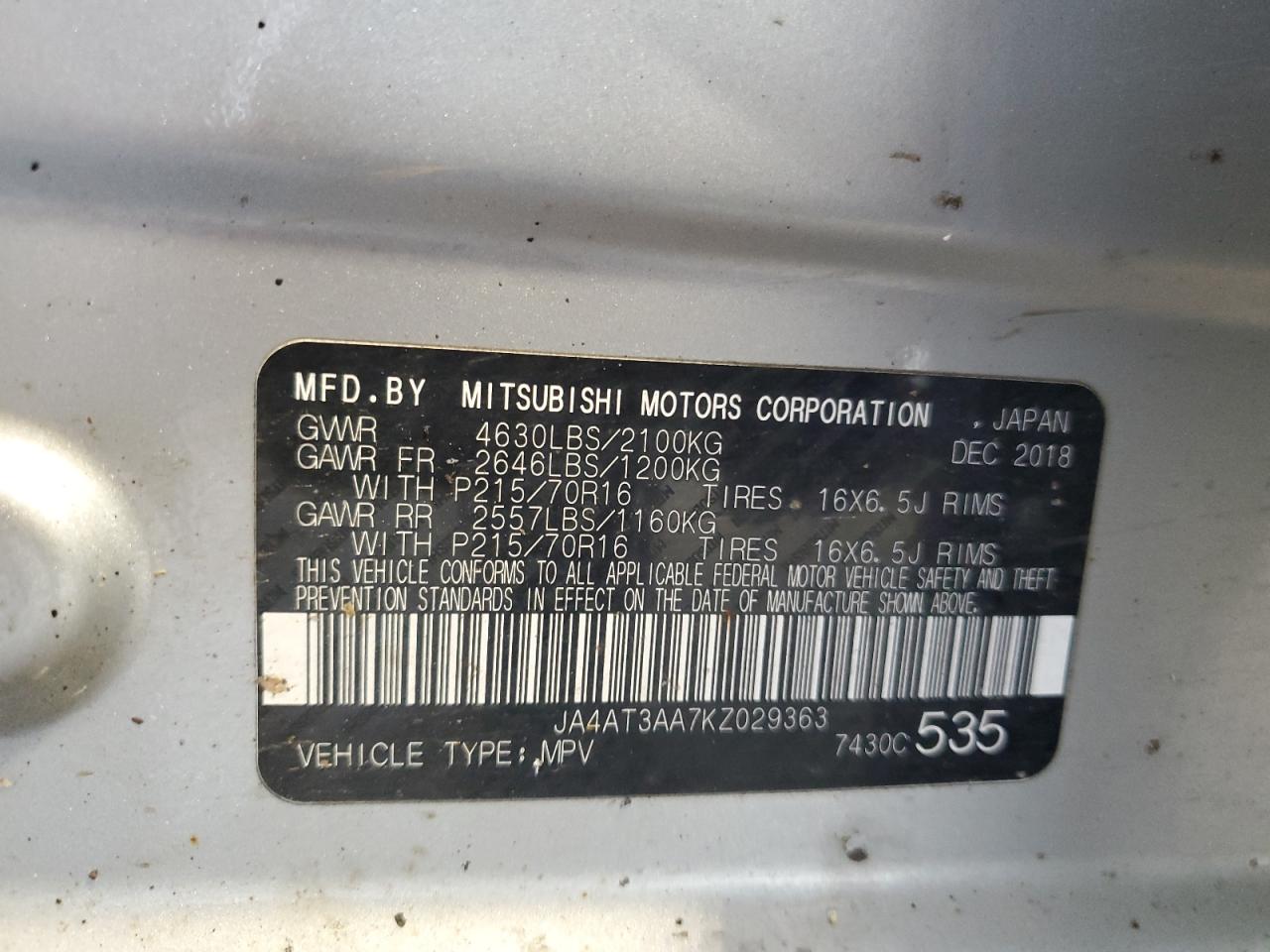 2019 Mitsubishi Eclipse Cross Es VIN: JA4AT3AA7KZ029363 Lot: 61482735