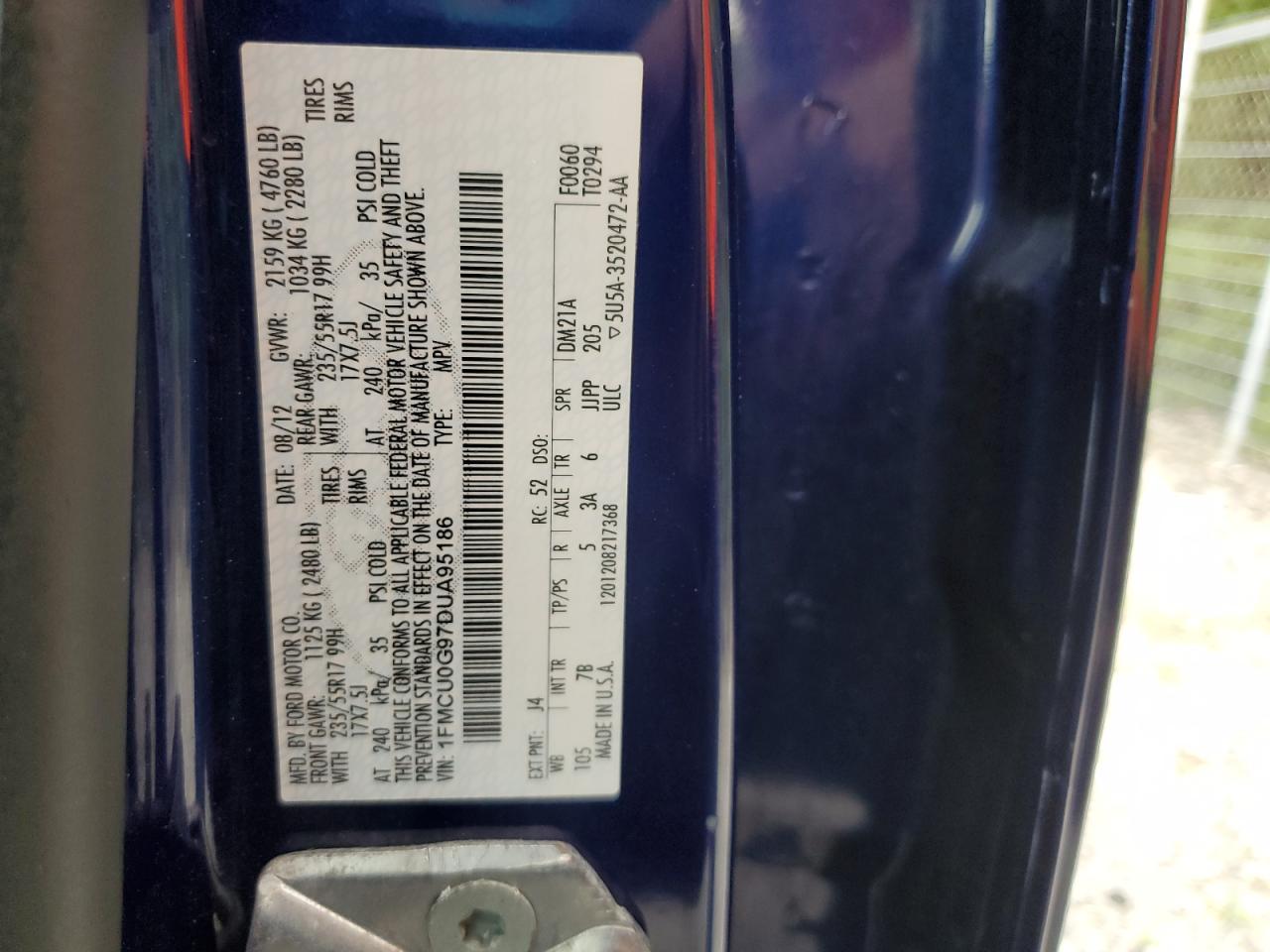 2013 Ford Escape Se VIN: 1FMCU0G97DUA95186 Lot: 61862445