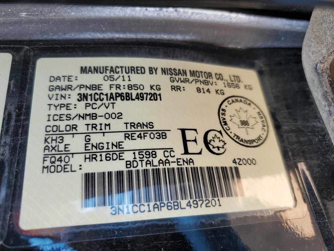 2011 Nissan Versa S VIN: 3N1CC1AP6BL497201 Lot: 61971925