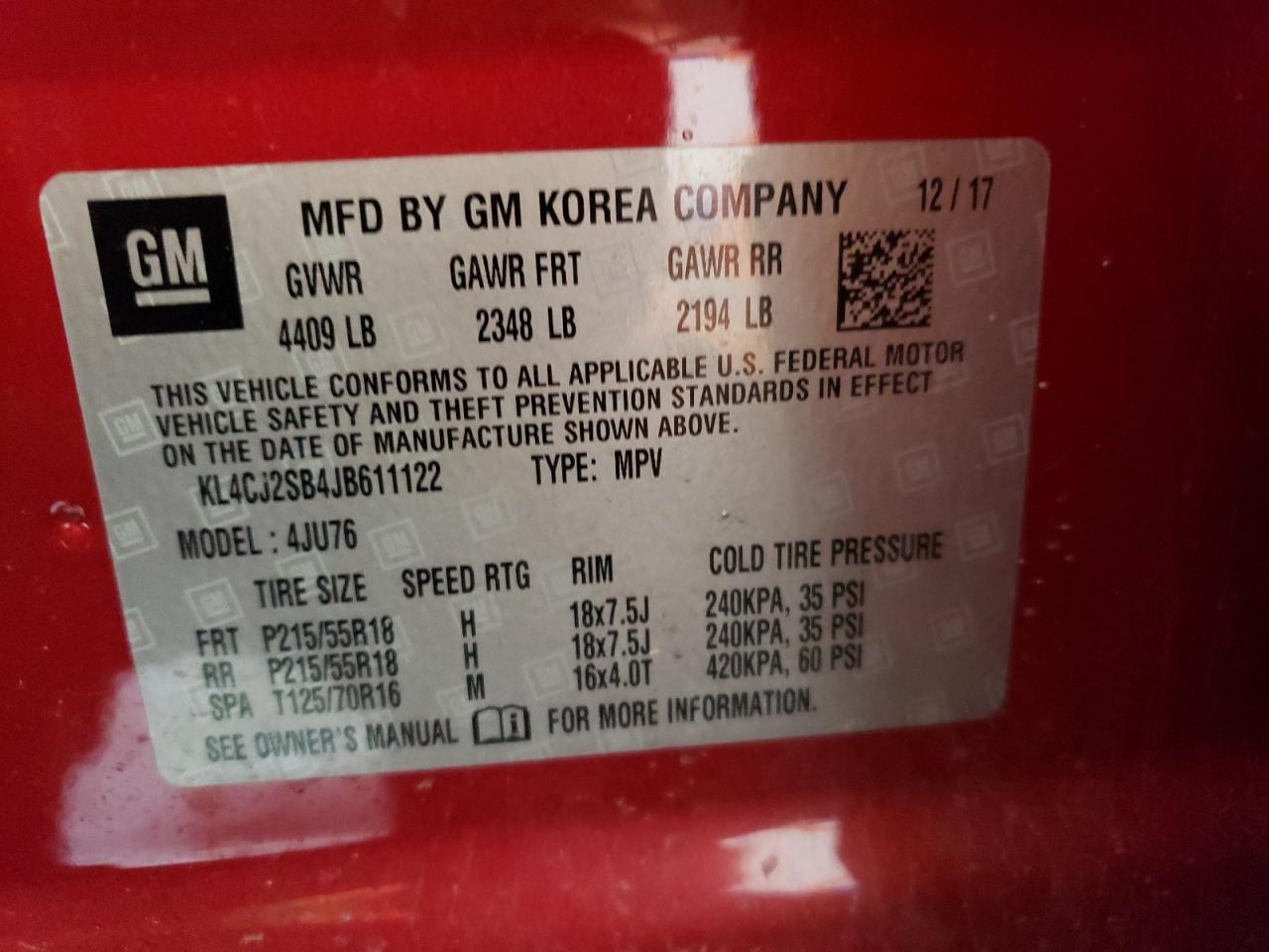 2018 Buick Encore Sport Touring VIN: KL4CJ2SB4JB611122 Lot: 59790295