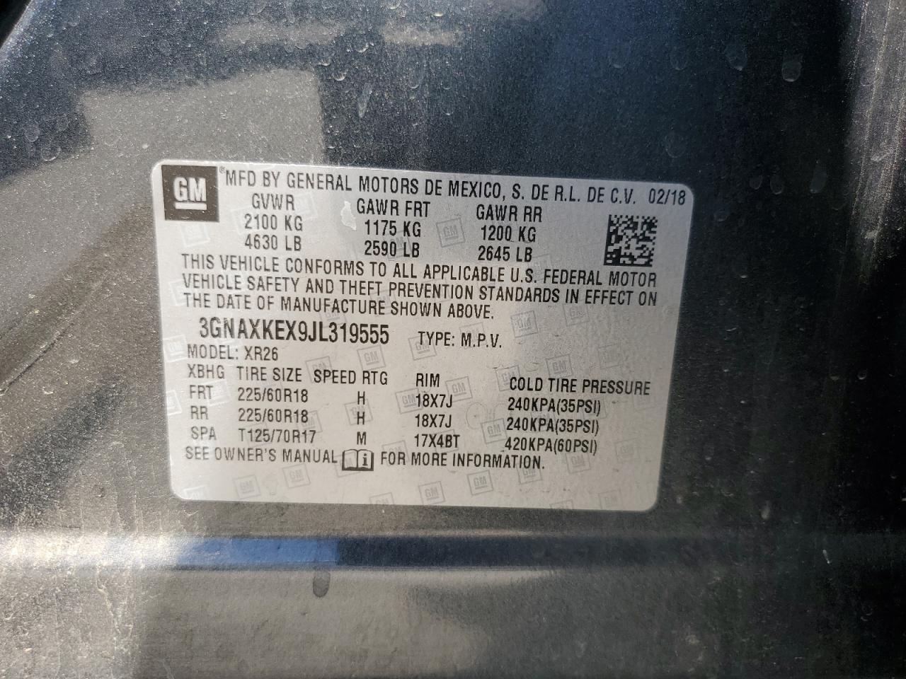 2018 Chevrolet Equinox Lt VIN: 3GNAXKEX9JL319555 Lot: 62384485