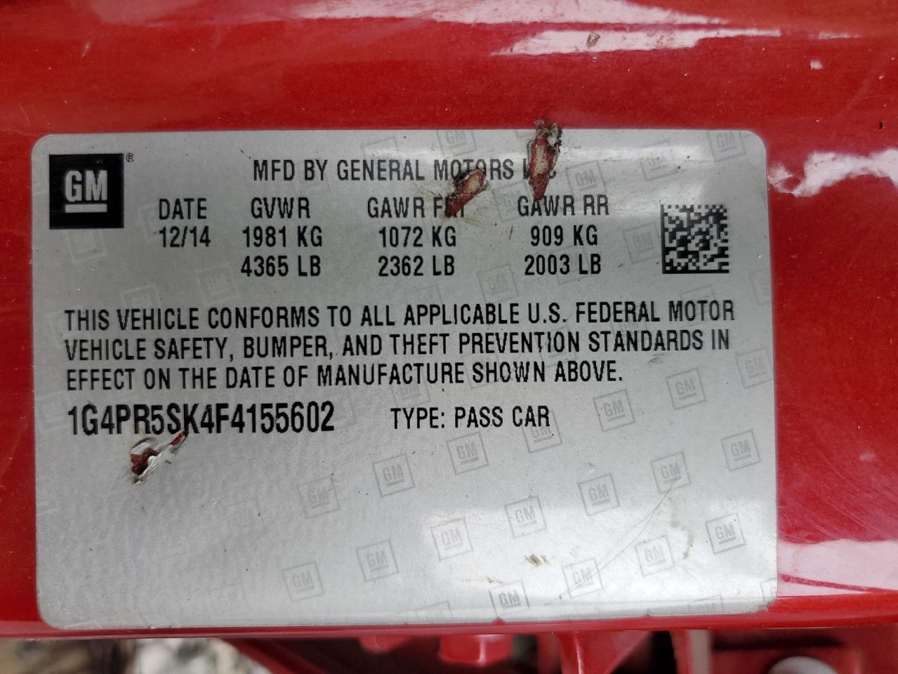 2015 Buick Verano Convenience VIN: 1G4PR5SK4F4155602 Lot: 61410425