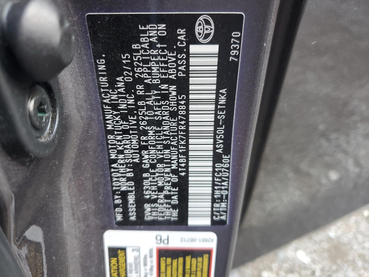 TOYOTA CAMRY 2015 VIN 4T4BF1FK7FR478845 zdjęcie 12