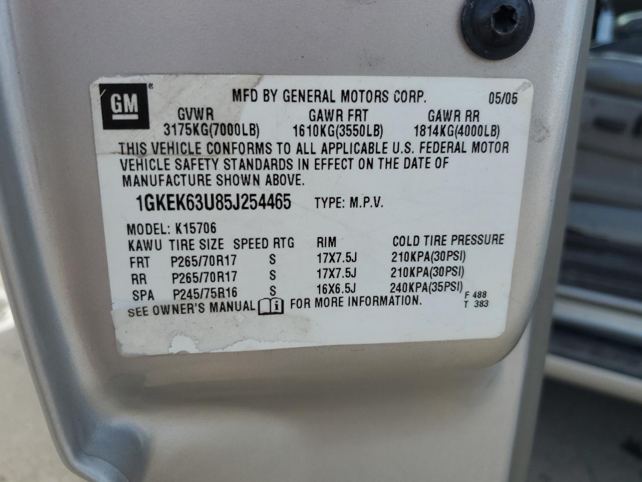 2005 GMC Yukon Denali VIN: 1GKEK63U85J254465 Lot: 62787065