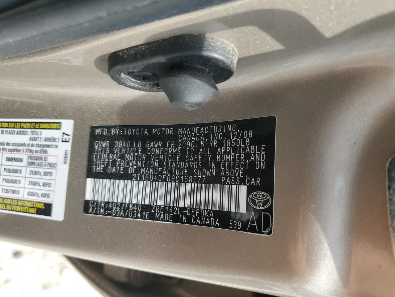 TOYOTA COROLLA 2009 VIN 2T1BU40E09C168577 фото 12