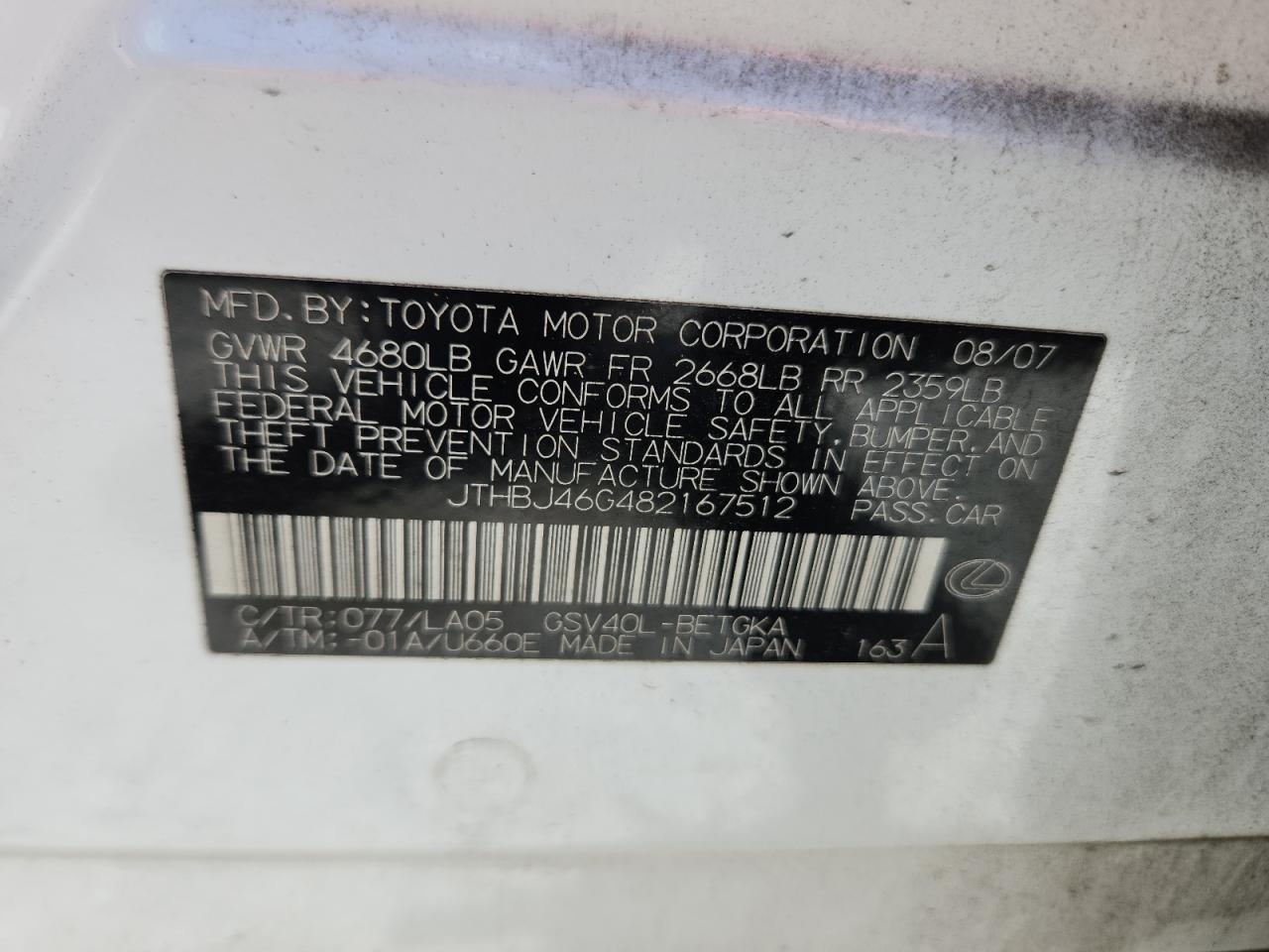 2008 Lexus Es 350 VIN: JTHBJ46G482167512 Lot: 60988745