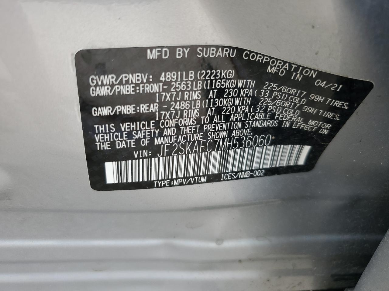 2021 Subaru Forester Premium VIN: JF2SKAFC7MH536060 Lot: 62833295