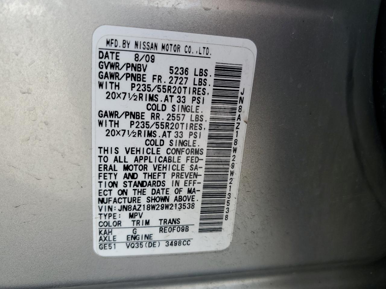 2009 Nissan Murano S VIN: JN8AZ18W29W213538 Lot: 62148885