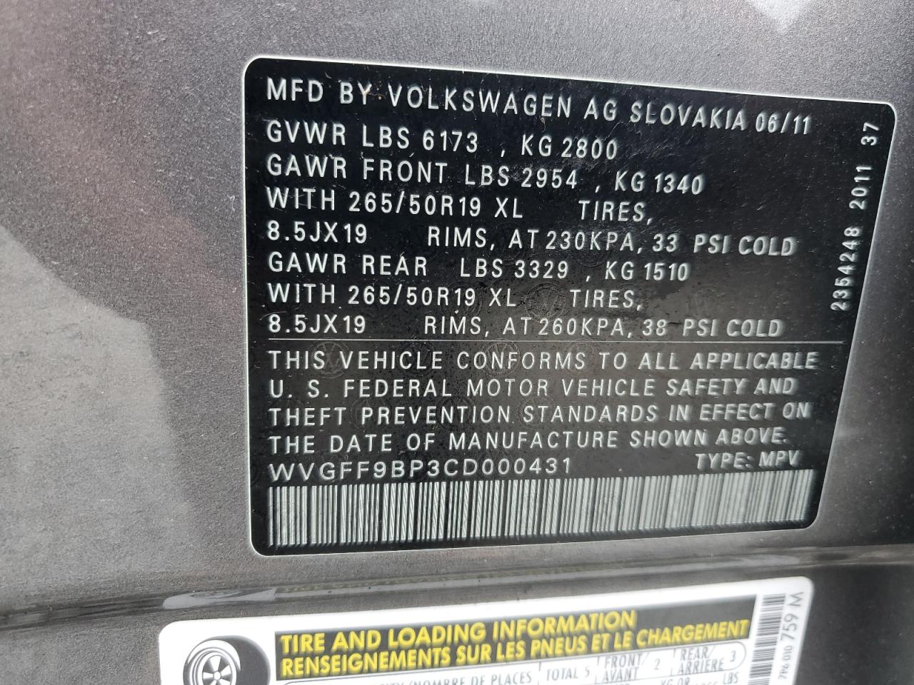 2012 Volkswagen Touareg V6 VIN: WVGFF9BP3CD000431 Lot: 60909415
