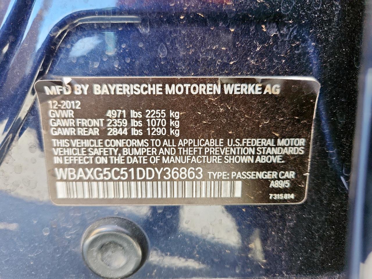 2013 BMW 528 I VIN: WBAXG5C51DDY36863 Lot: 63015955
