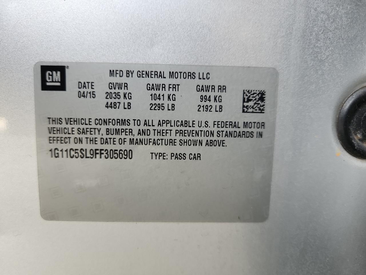 2015 Chevrolet Malibu 1Lt VIN: 1G11C5SL9FF305690 Lot: 63216665