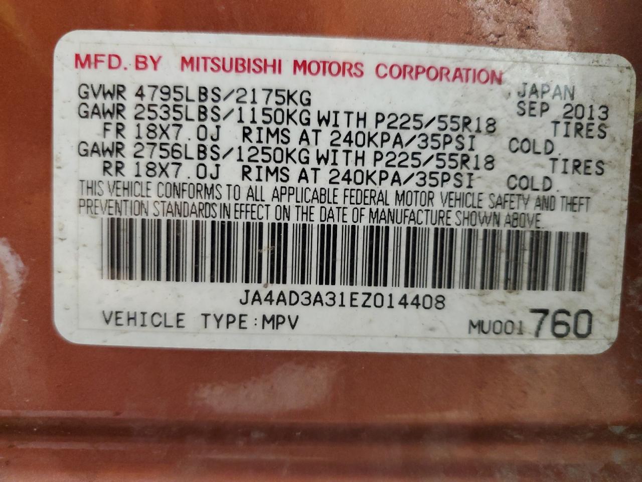 2014 Mitsubishi Outlander Se VIN: JA4AD3A31EZ014408 Lot: 61076305