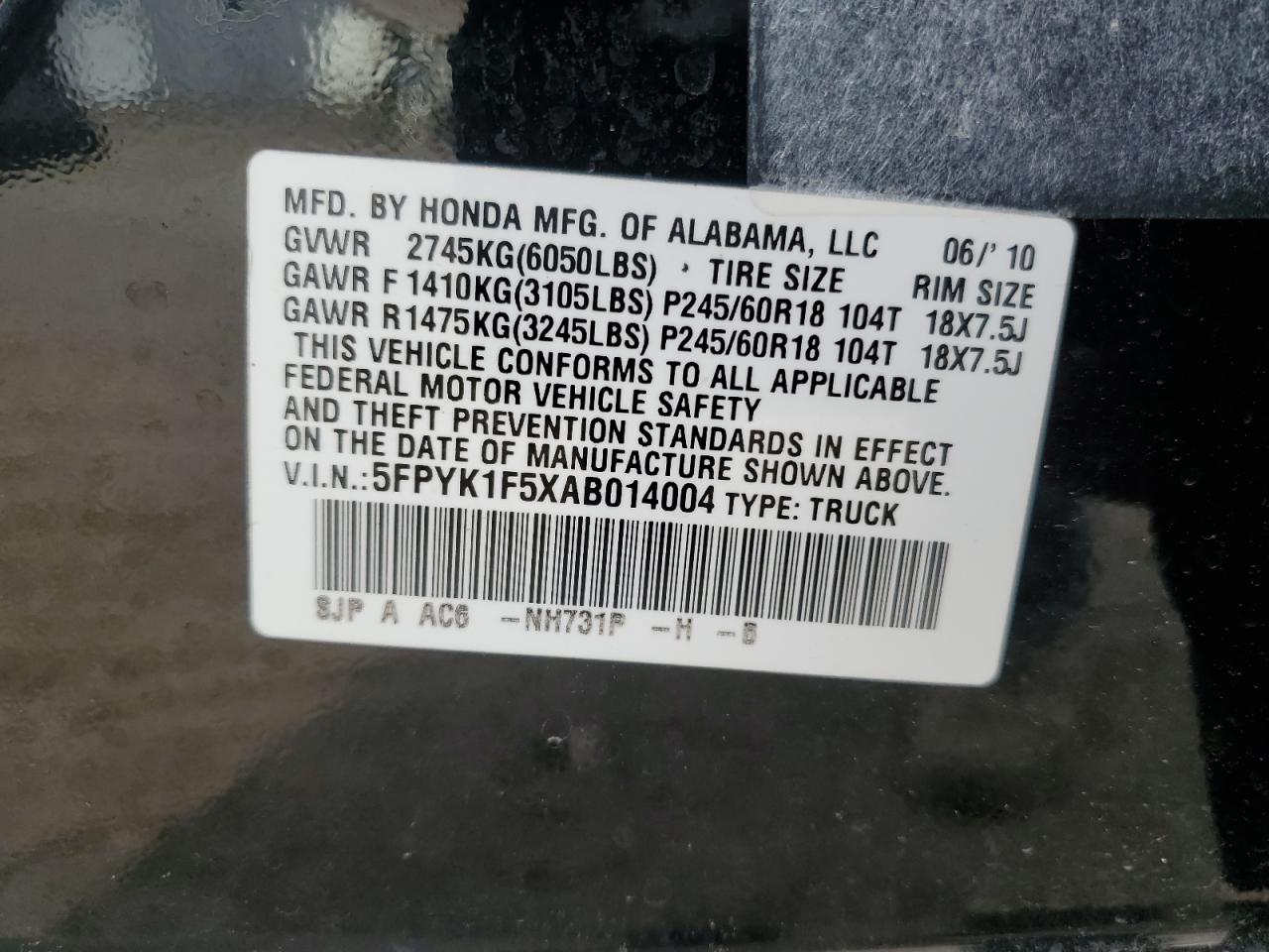 2010 Honda Ridgeline Rtl VIN: 5FPYK1F5XAB014004 Lot: 62848595