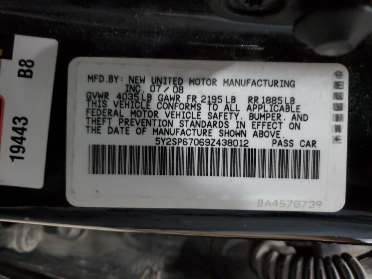 2009 Pontiac Vibe VIN: 5Y2SP67069Z438012 Lot: 58607825