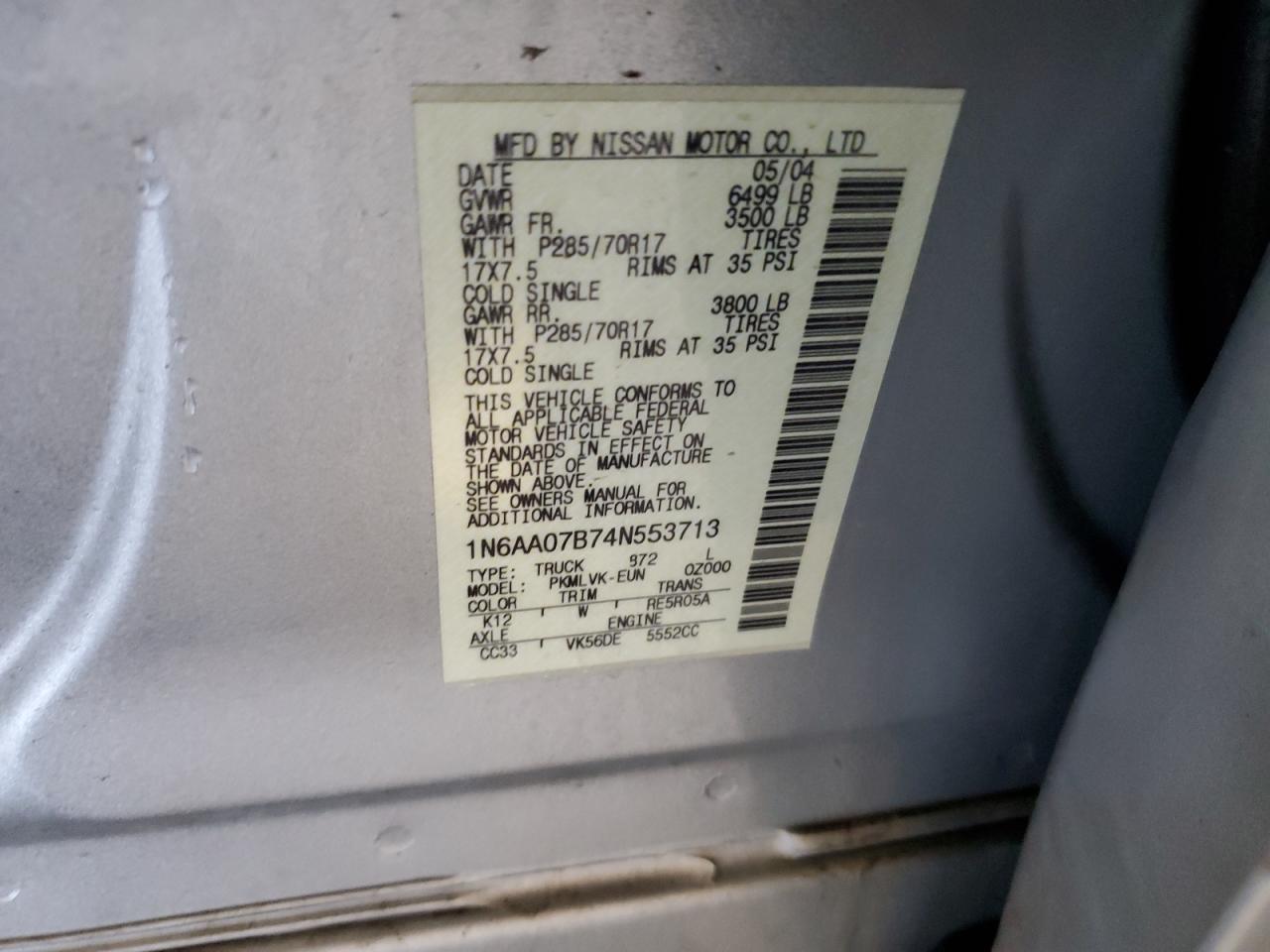 2004 Nissan Titan Xe VIN: 1N6AA07B74N553713 Lot: 62427295