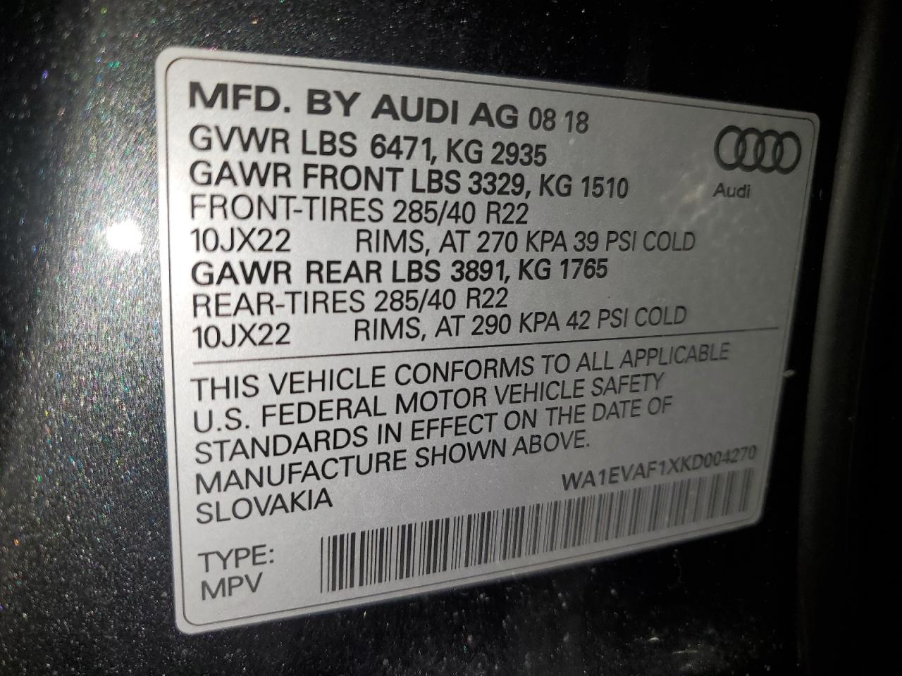 2019 Audi Q8 Premium Plus S-Line VIN: WA1EVAF1XKD004270 Lot: 61906285