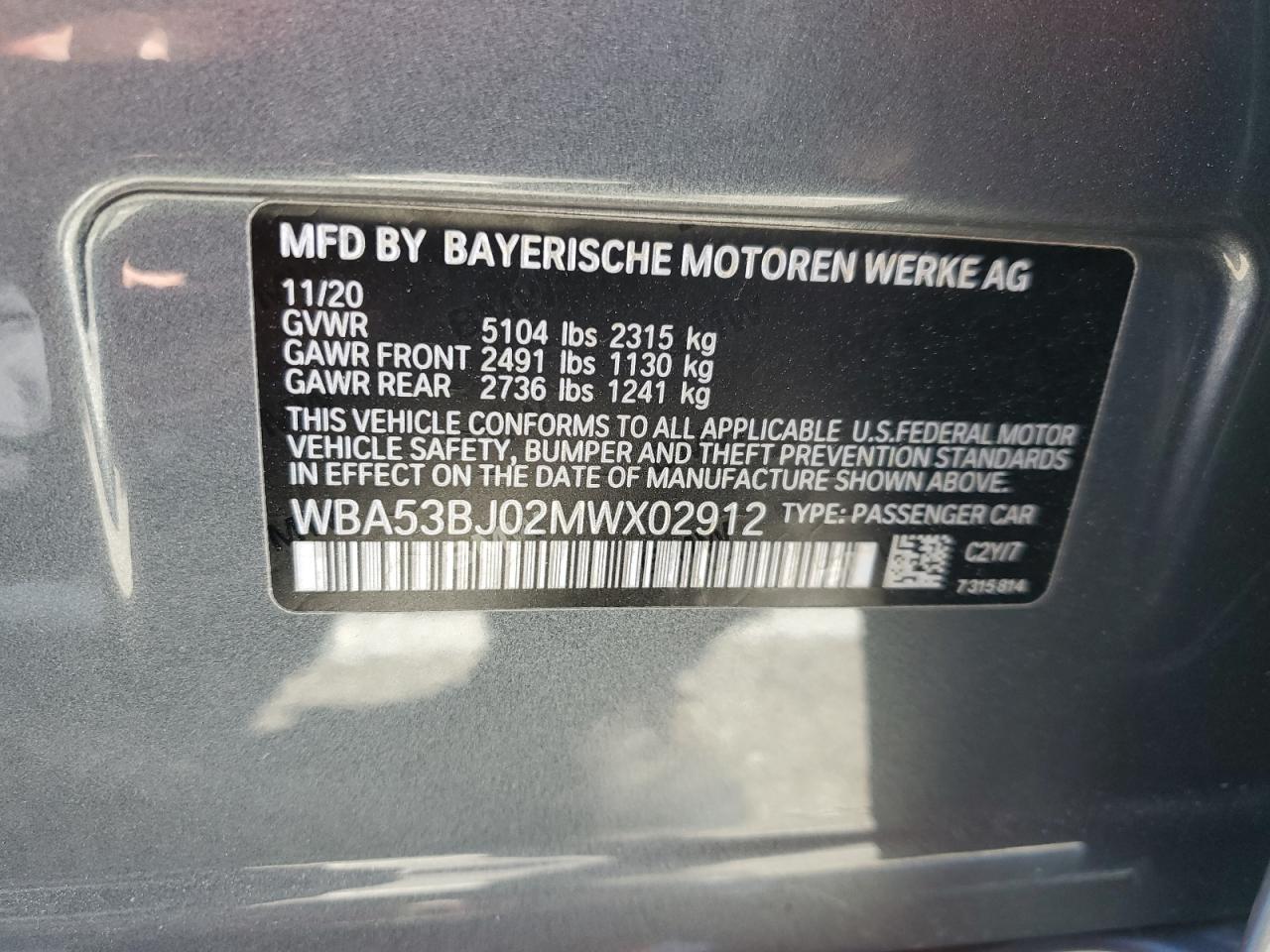 2021 BMW 540 I VIN: WBA53BJ02MWX02912 Lot: 59173975