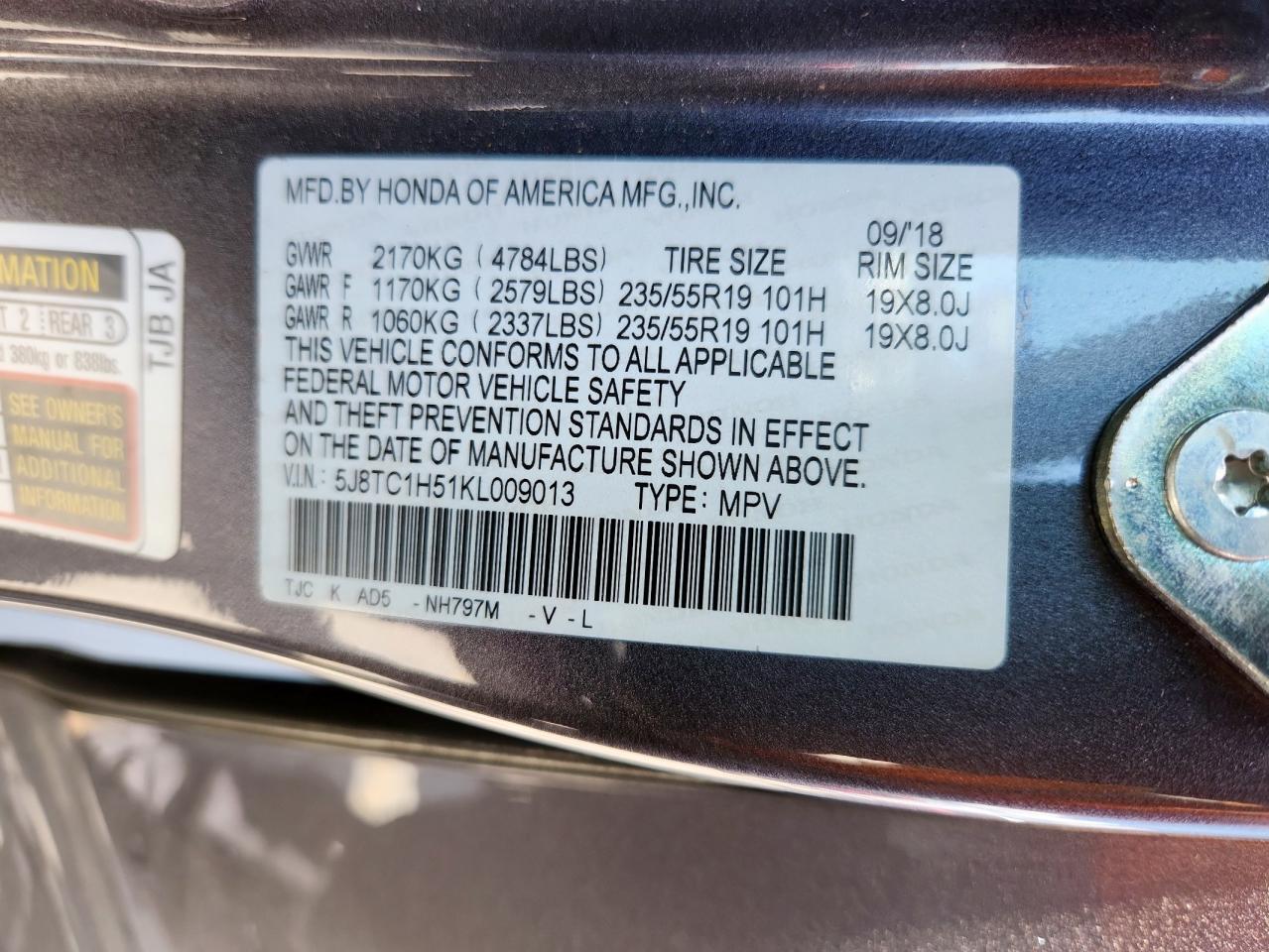 2019 Acura Rdx Technology VIN: 5J8TC1H51KL009013 Lot: 62792895