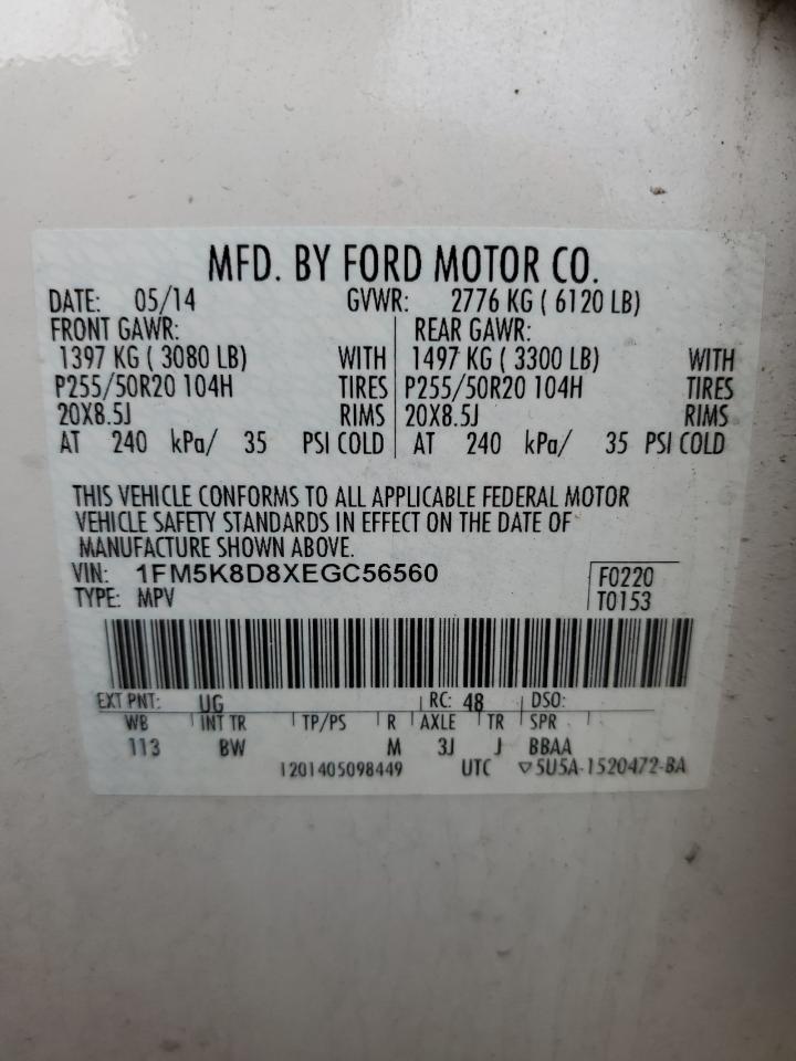 2014 Ford Explorer Xlt VIN: 1FM5K8D8XEGC56560 Lot: 62655515
