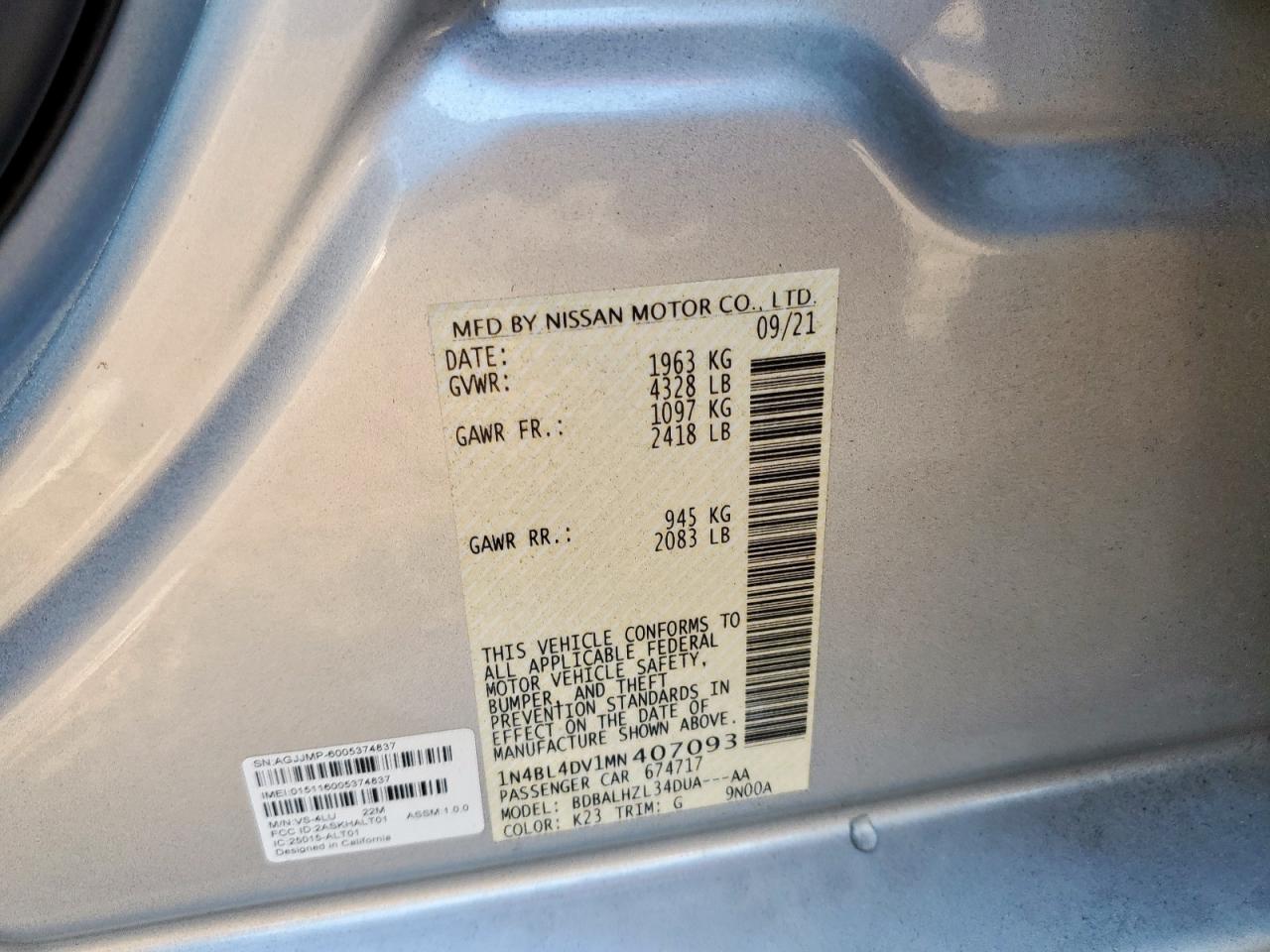 NISSAN ALTIMA 2021 VIN 1N4BL4DV1MN407093 zdjęcie 13