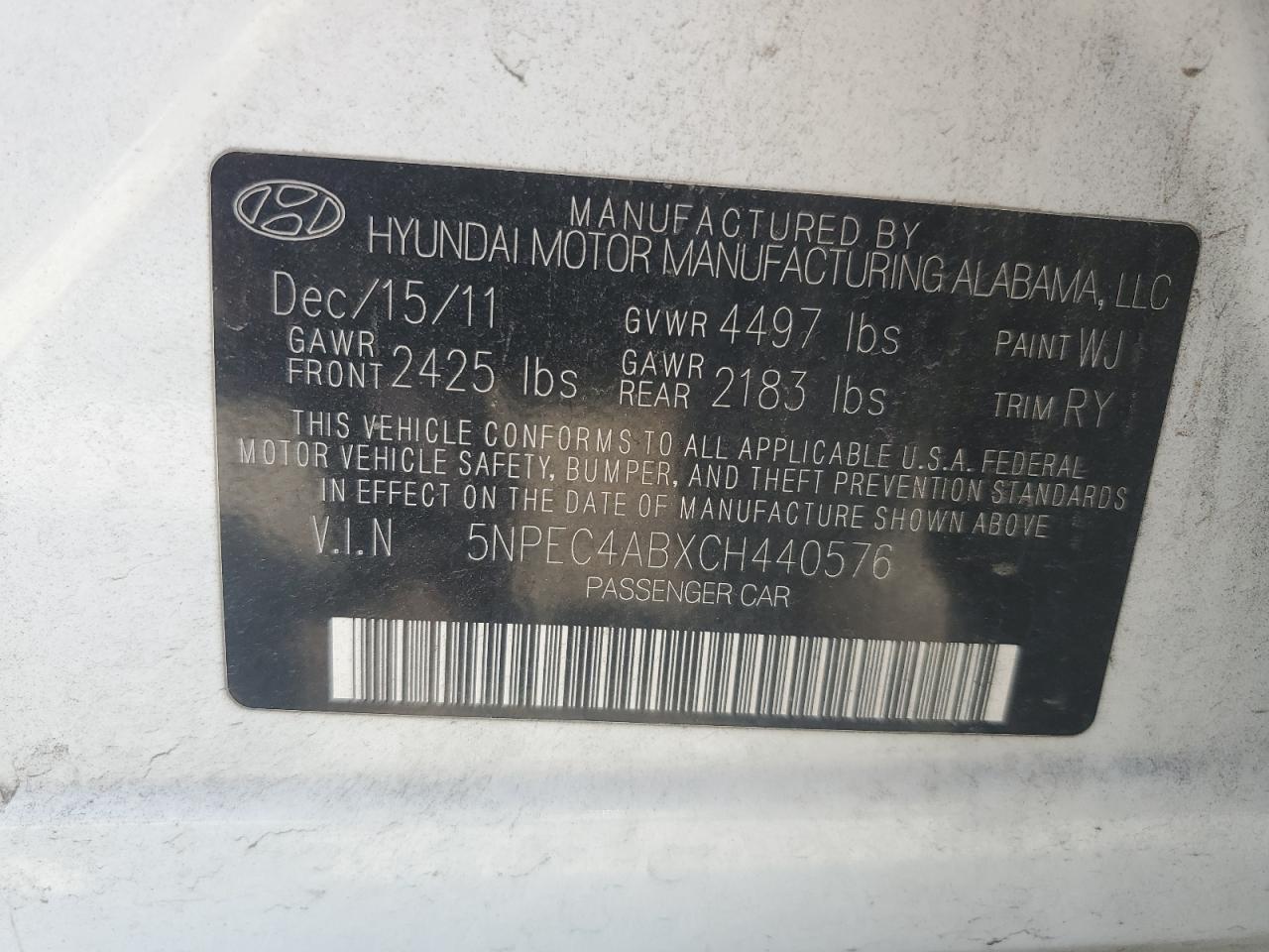 HYUNDAI SONATA 2012 VIN 5NPEC4ABXCH440576 фото 12