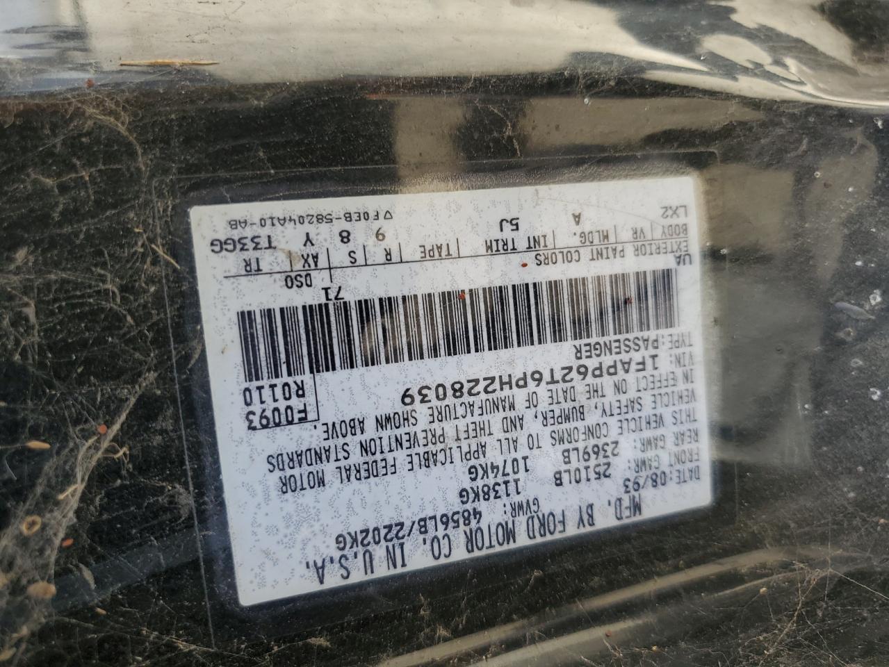 1993 Ford Thunderbird Lx VIN: 1FAPP62T6PH228039 Lot: 61498325