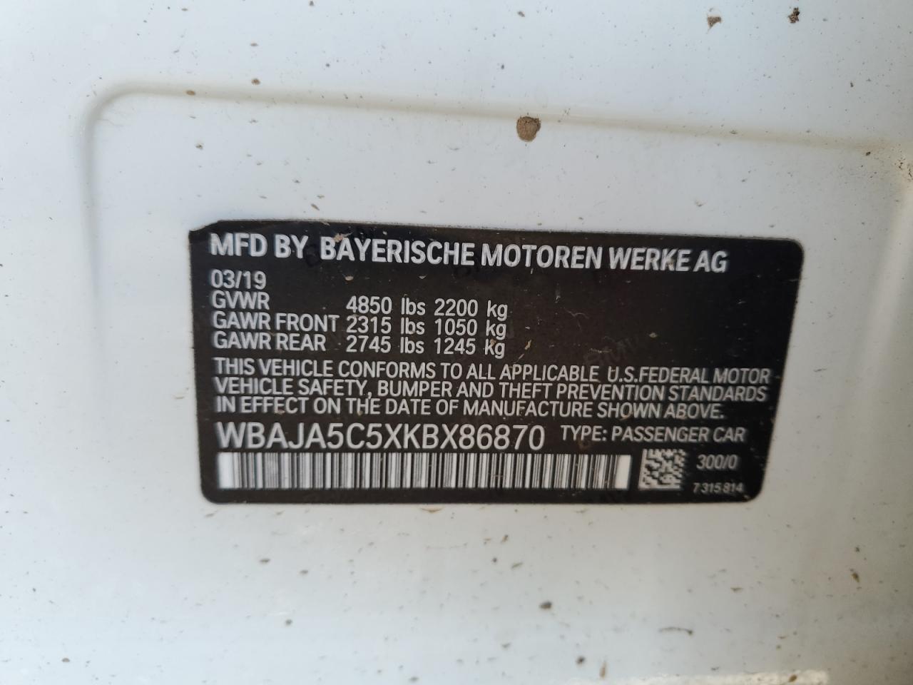 2019 BMW 530 I VIN: WBAJA5C5XKBX86870 Lot: 61678435