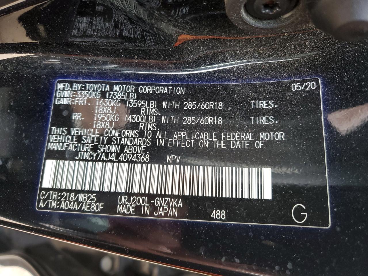 2020 Toyota Land Cruiser Vx-R VIN: JTMCY7AJ4L4094368 Lot: 62300095