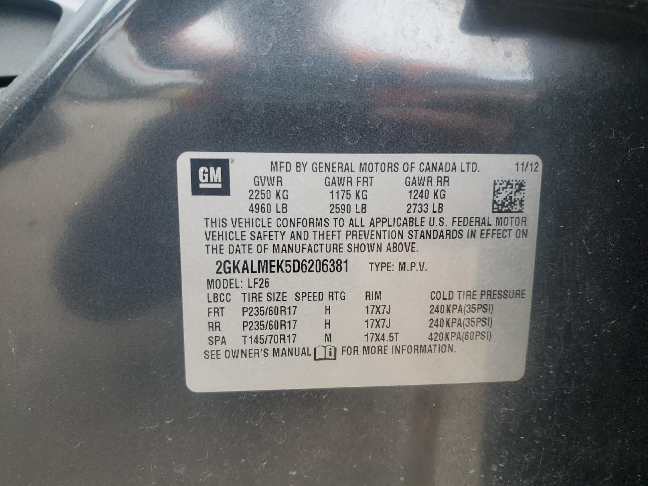 2013 GMC Terrain Sle VIN: 2GKALMEK5D6206381 Lot: 60245295