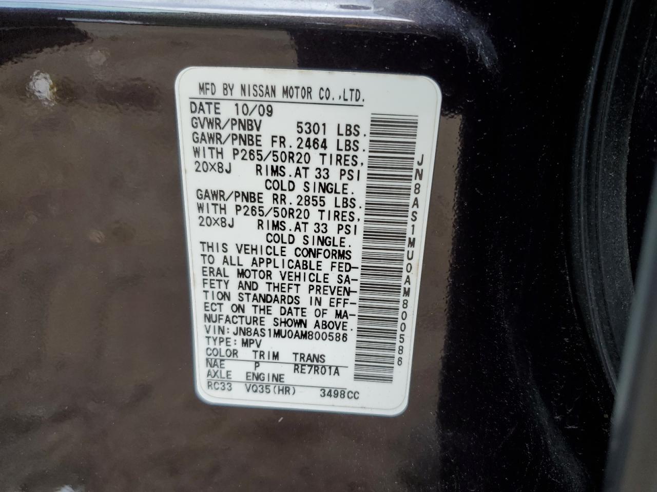 2010 Infiniti Fx35 VIN: JN8AS1MU0AM800586 Lot: 62133265