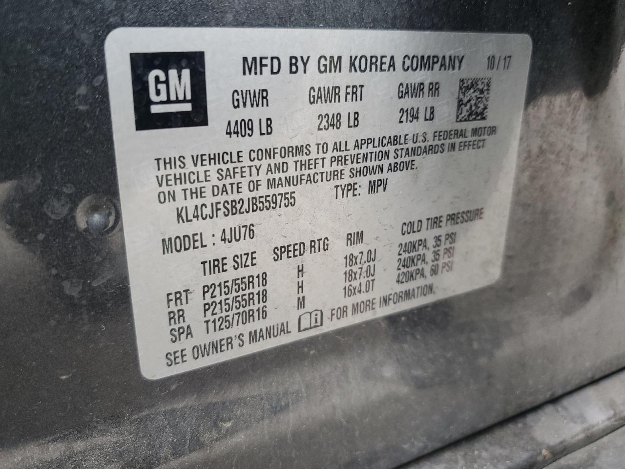 2018 Buick Encore Preferred Ii VIN: KL4CJFSB2JB559755 Lot: 62701195