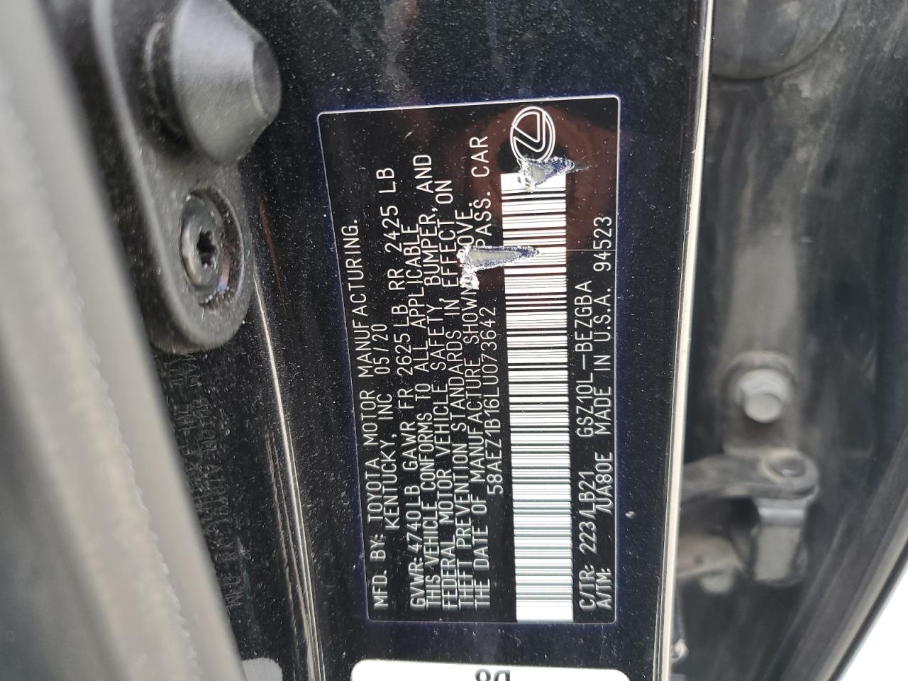2020 Lexus Es 350 Luxury VIN: 58AEZ1B16LU073642 Lot: 63120185