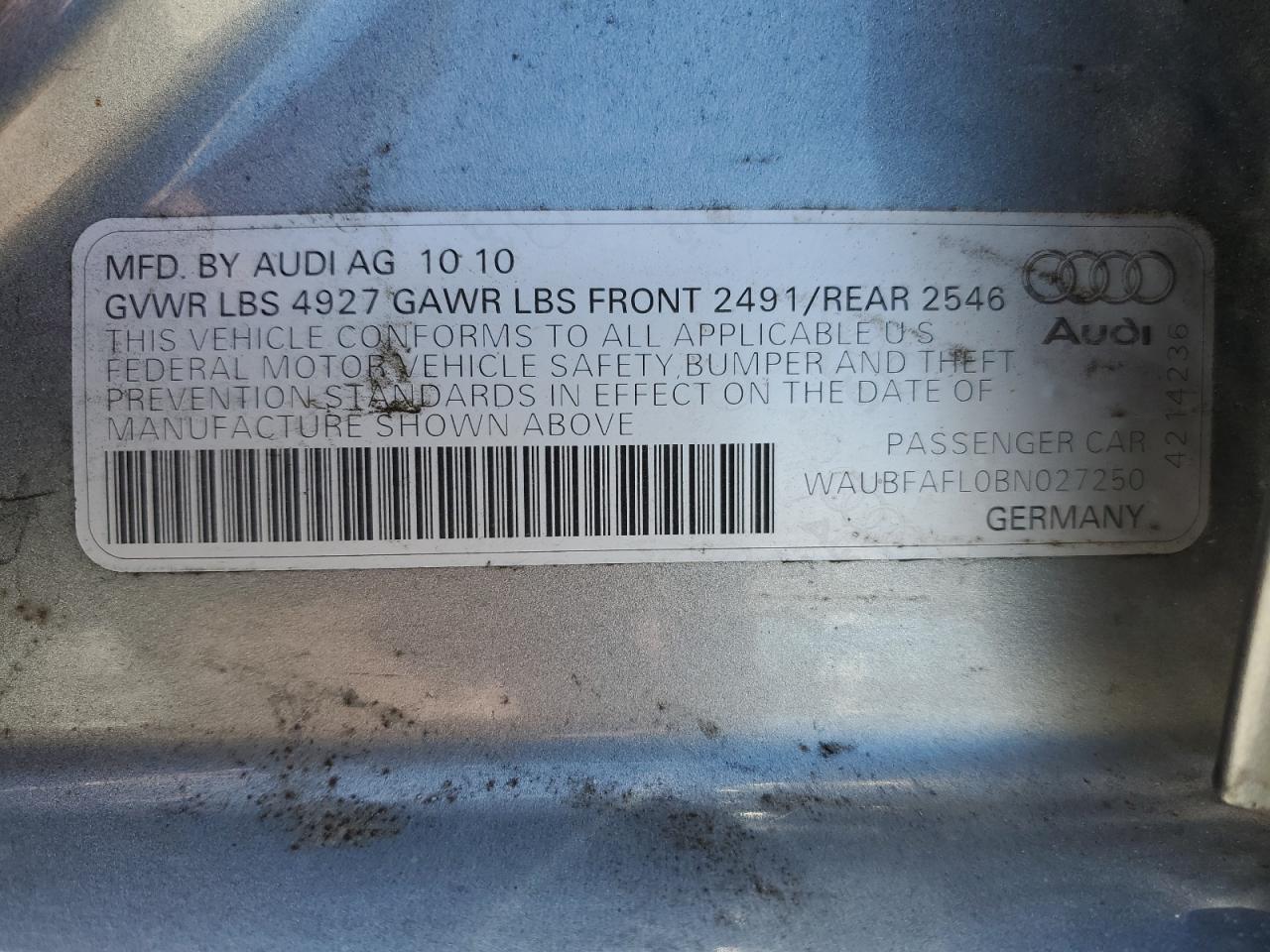 2011 Audi A4 Premium VIN: WAUBFAFL0BN027250 Lot: 61427255