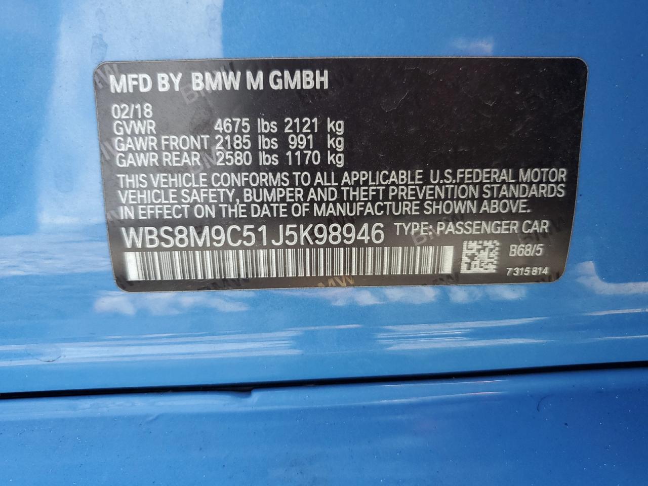 2018 BMW M3 VIN: WBS8M9C51J5K98946 Lot: 61951275