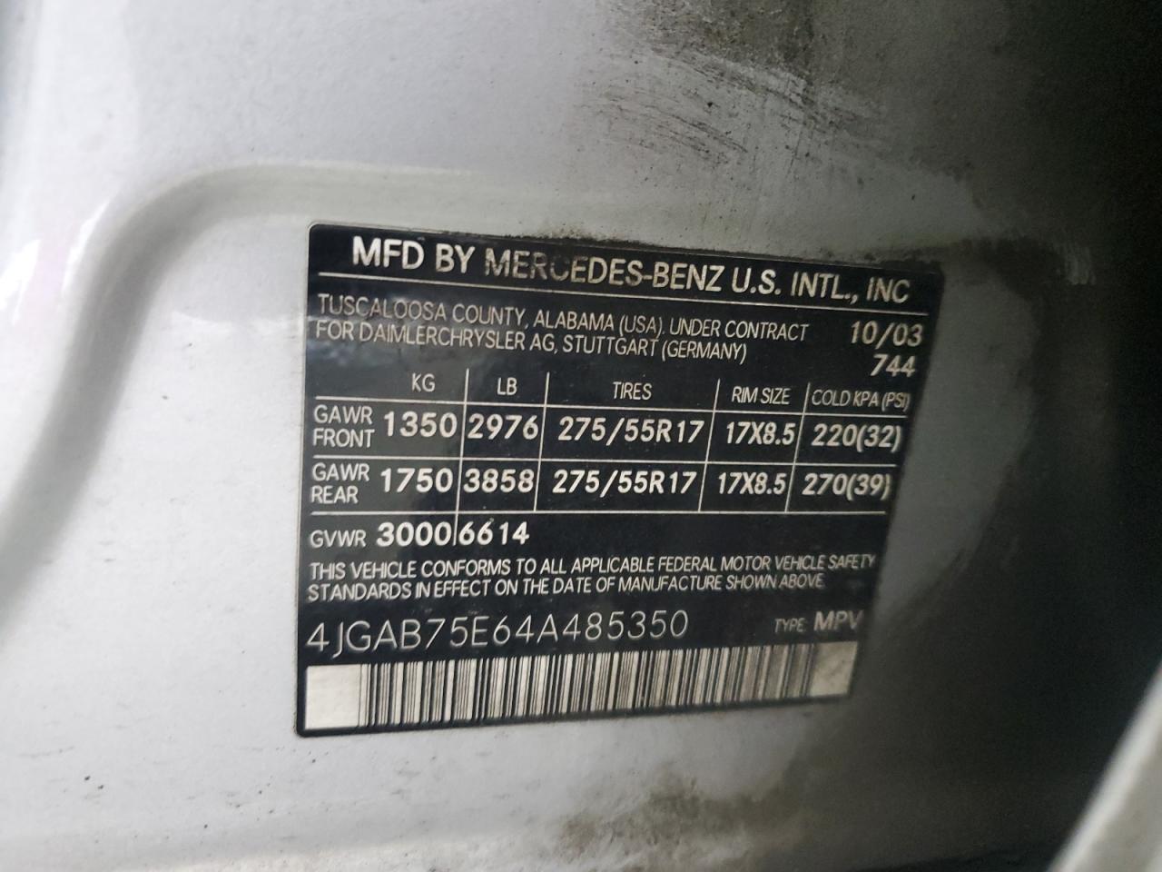 2004 Mercedes-Benz Ml 500 VIN: 4JGAB75E64A485350 Lot: 60138725