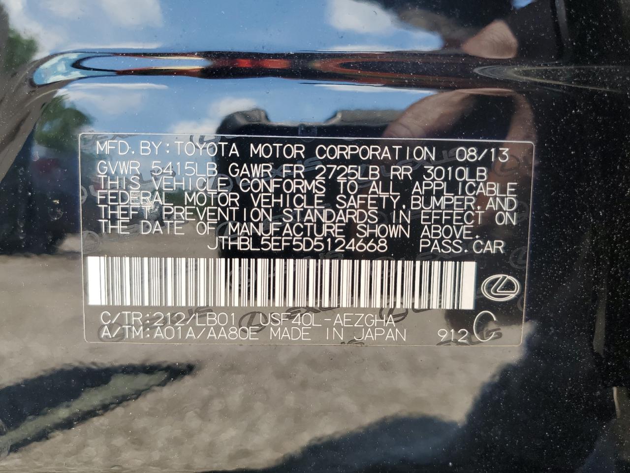 2013 Lexus Ls 460 VIN: JTHBL5EF5D5124668 Lot: 61937155