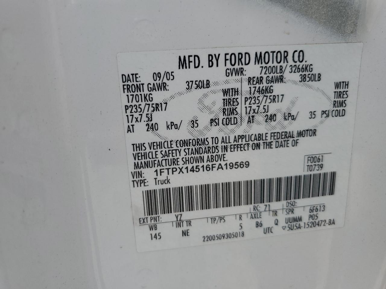 2006 Ford F150 VIN: 1FTPX14516FA19569 Lot: 59220995