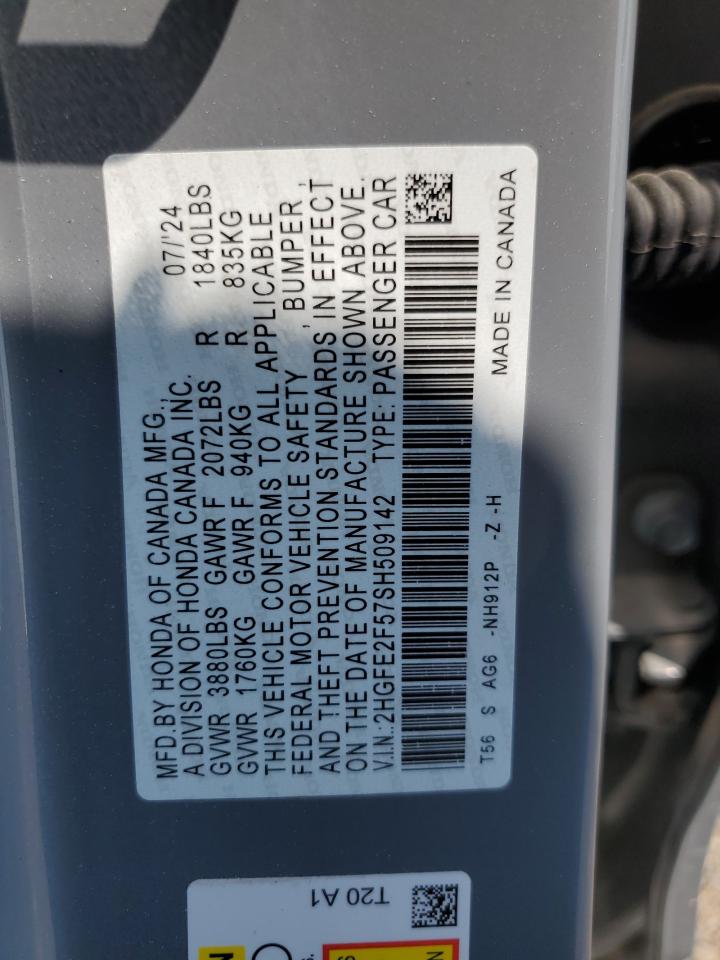 2025 Honda Civic Sport VIN: 2HGFE2F57SH509142 Lot: 62080195