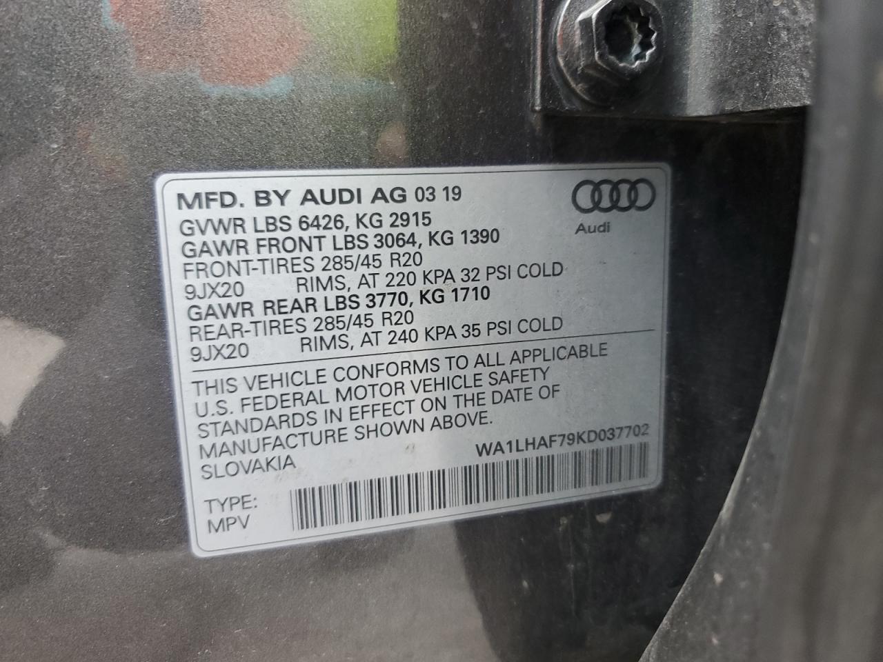 2019 Audi Q7 Premium Plus VIN: WA1LHAF79KD037702 Lot: 59628035