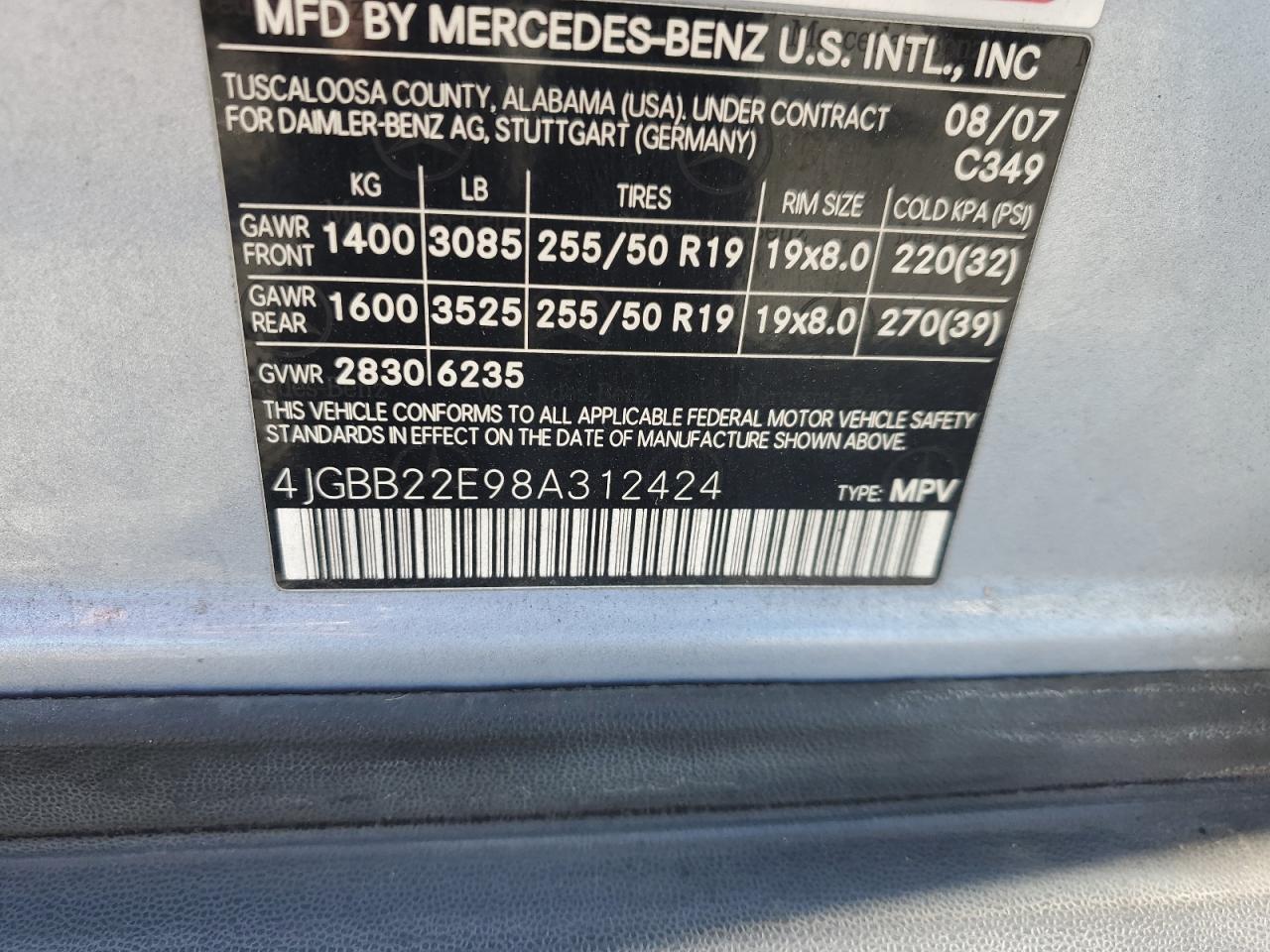 2008 Mercedes-Benz Ml 320 Cdi VIN: 4JGBB22E98A312424 Lot: 59384395