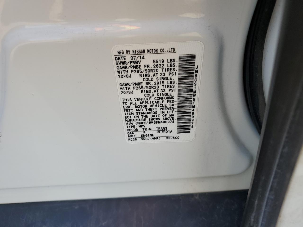 2015 Infiniti Qx70 VIN: JN8CS1MW5FM480974 Lot: 62110025