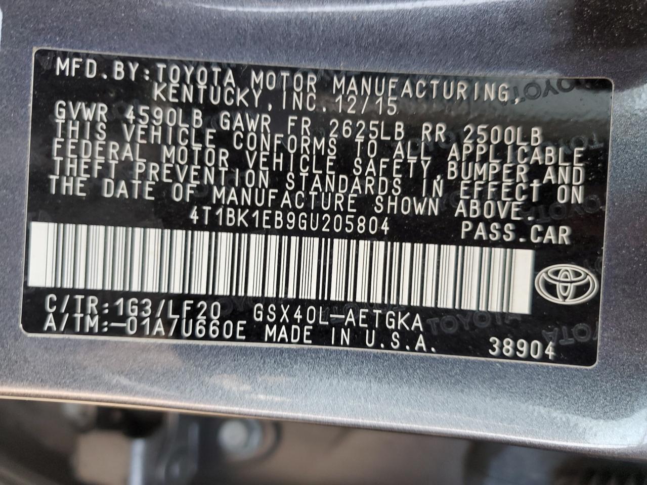 2016 Toyota Avalon Xle VIN: 4T1BK1EB9GU205804 Lot: 59962015