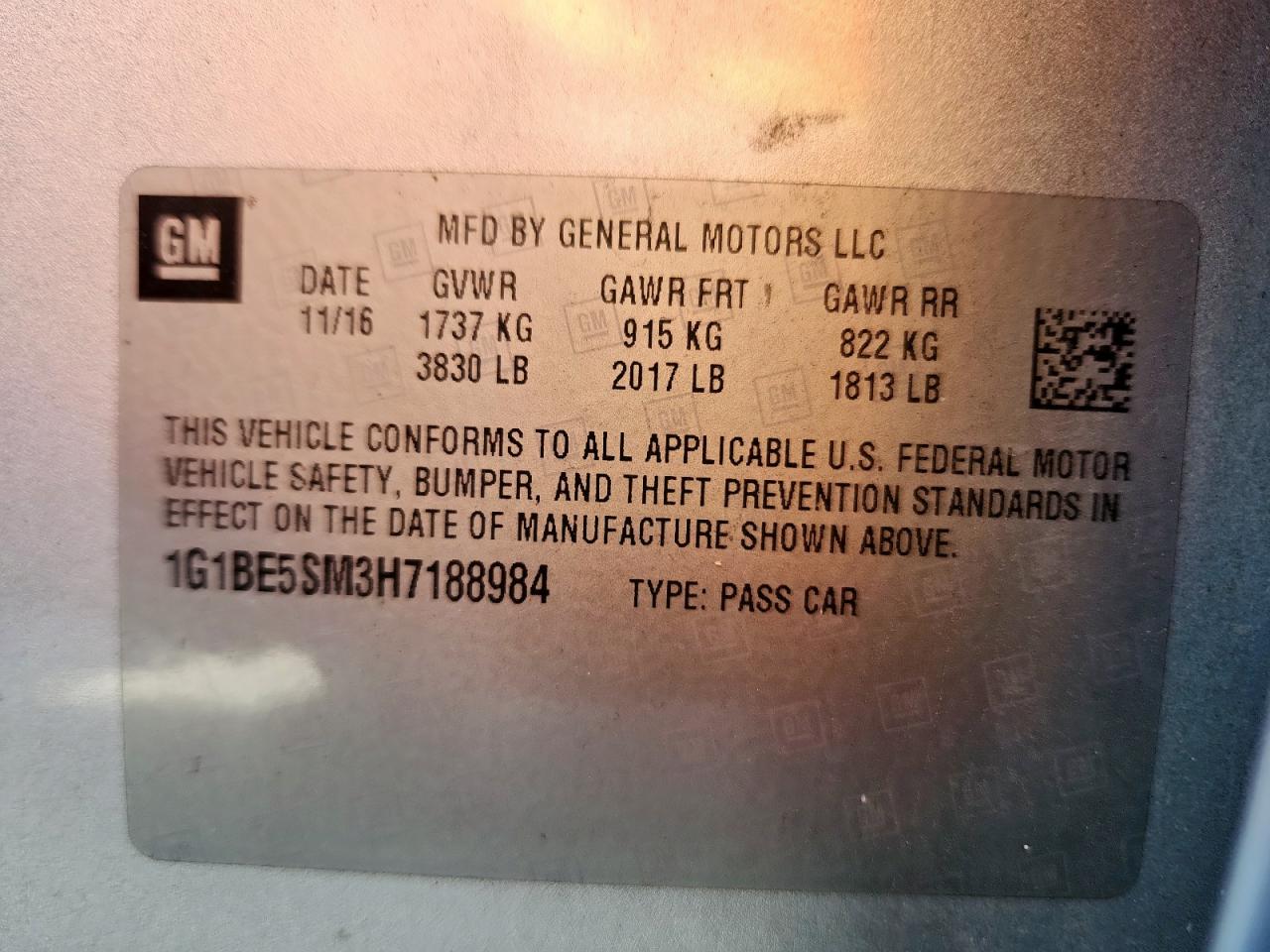 2017 Chevrolet Cruze Lt VIN: 1G1BE5SM3H7188984 Lot: 63231775