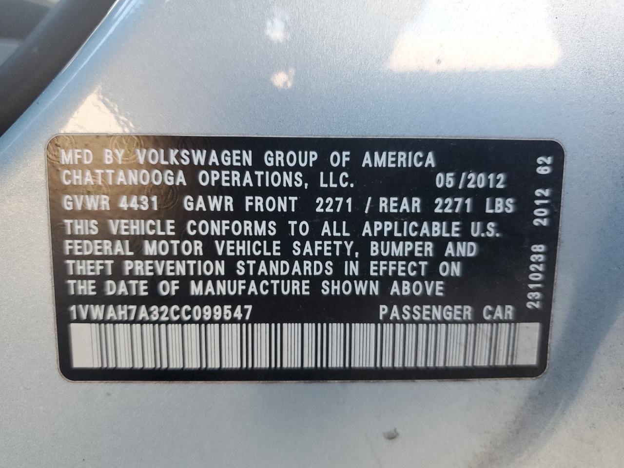 2012 Volkswagen Passat S VIN: 1VWAH7A32CC099547 Lot: 59854835