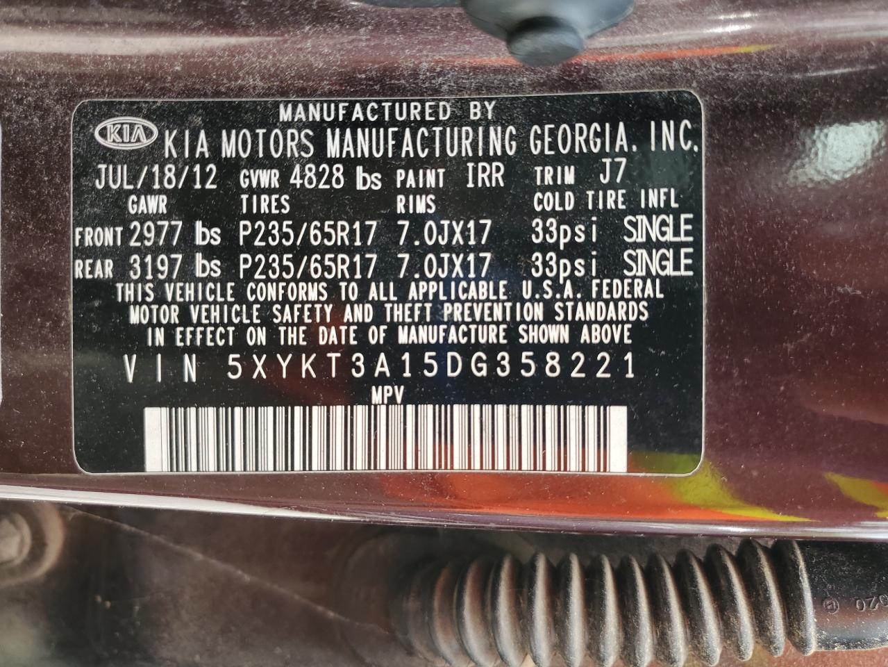 2013 Kia Sorento Lx VIN: 5XYKT3A15DG358221 Lot: 62560635