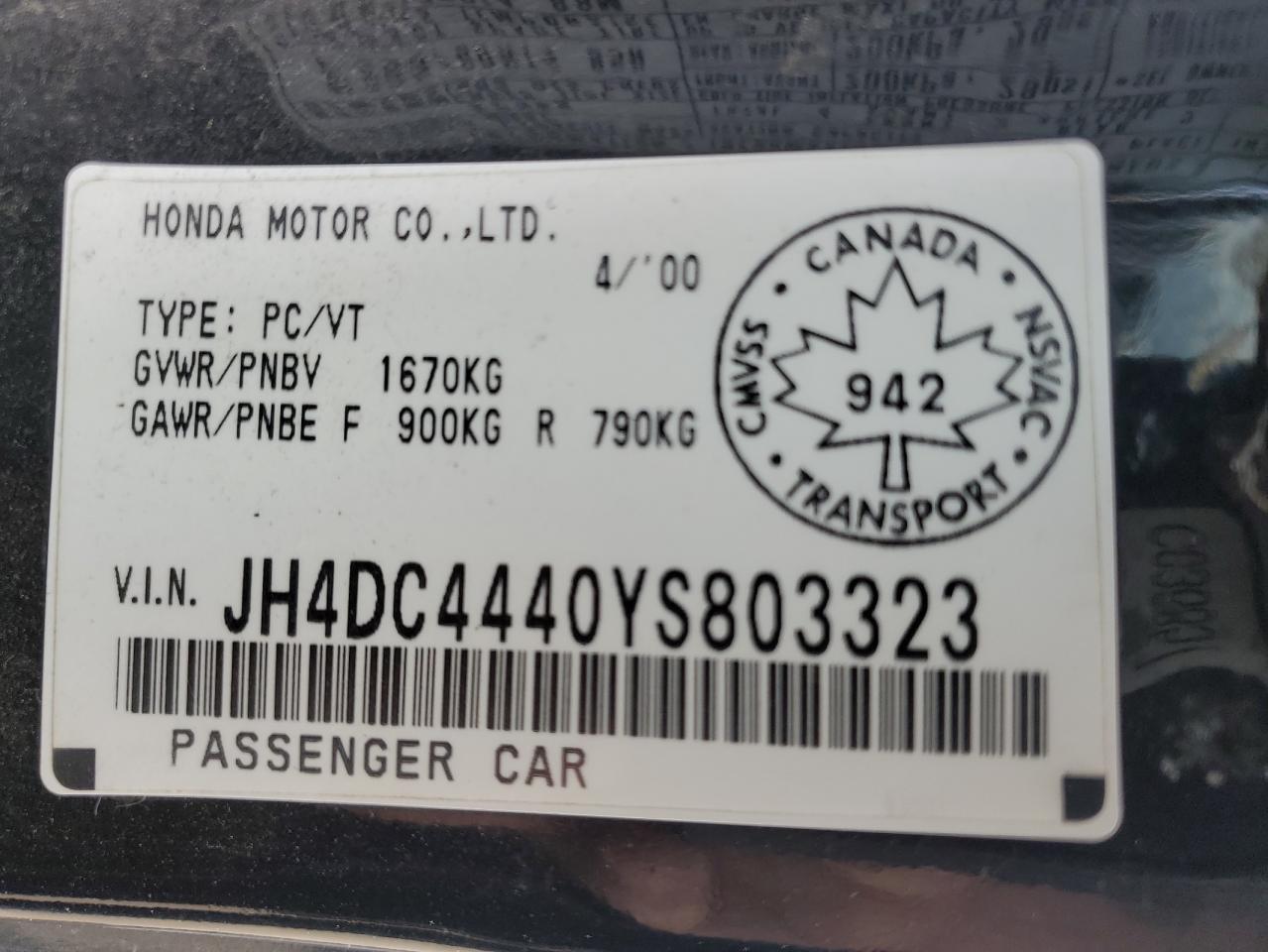 2000 Acura Integra Se VIN: JH4DC4440YS803323 Lot: 60503085