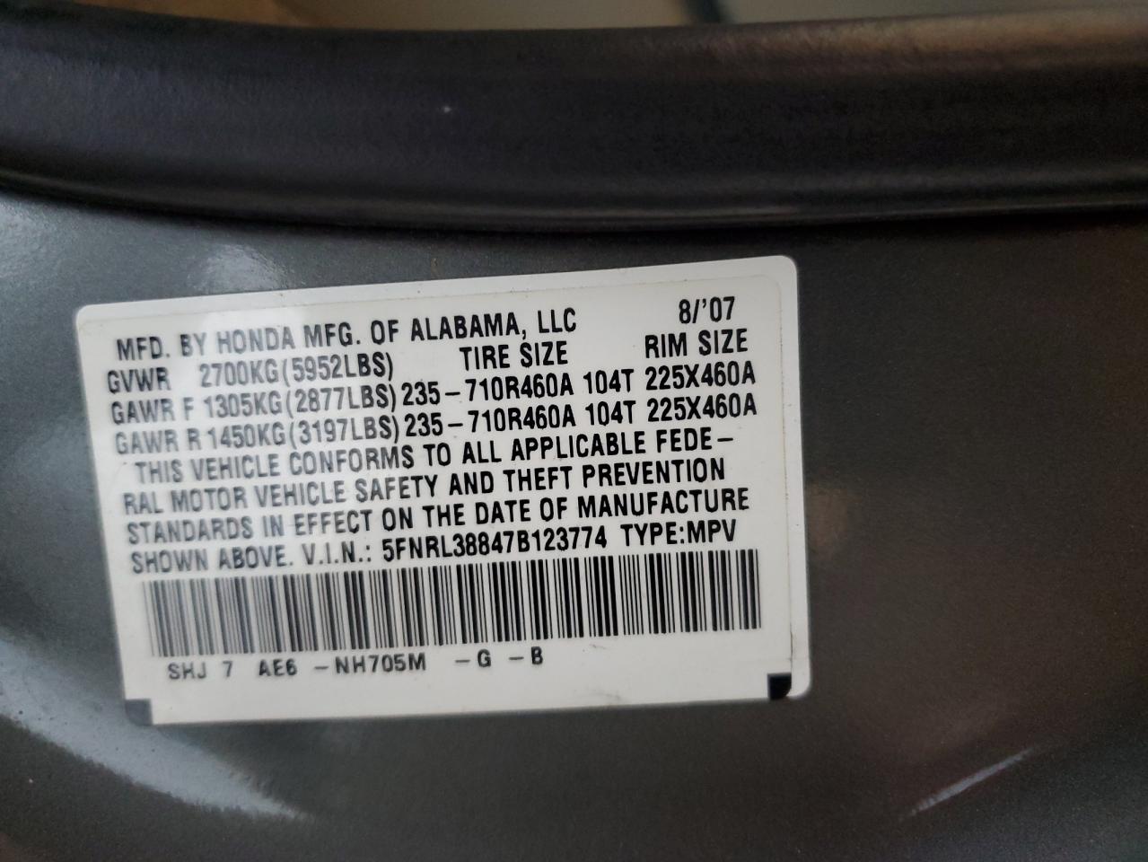 2007 Honda Odyssey Touring VIN: 5FNRL38847B123774 Lot: 62596945