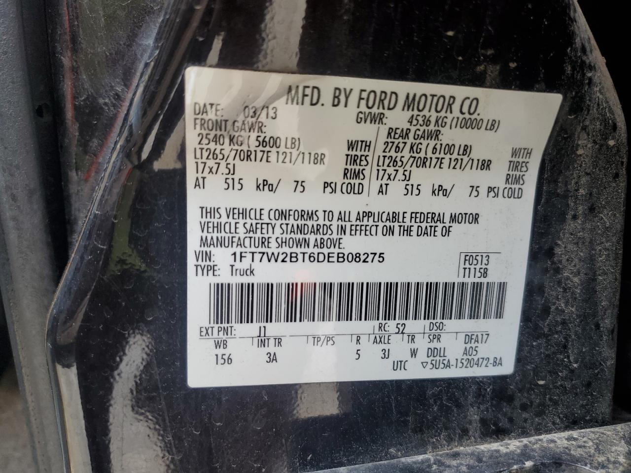 2013 Ford F250 Super Duty VIN: 1FT7W2BT6DEB08275 Lot: 61910995