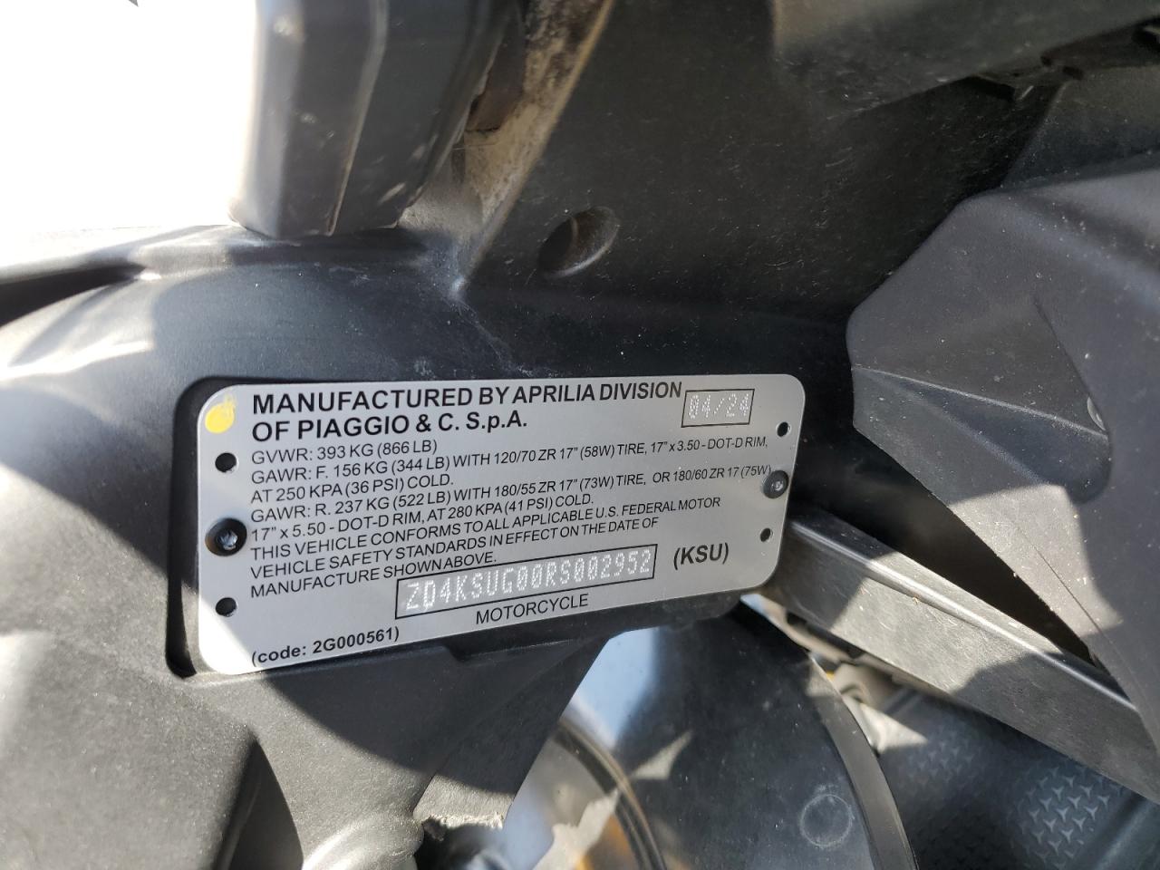 2024 Aprilia Rs 660 VIN: ZD4KSUG00RS002952 Lot: 55031995